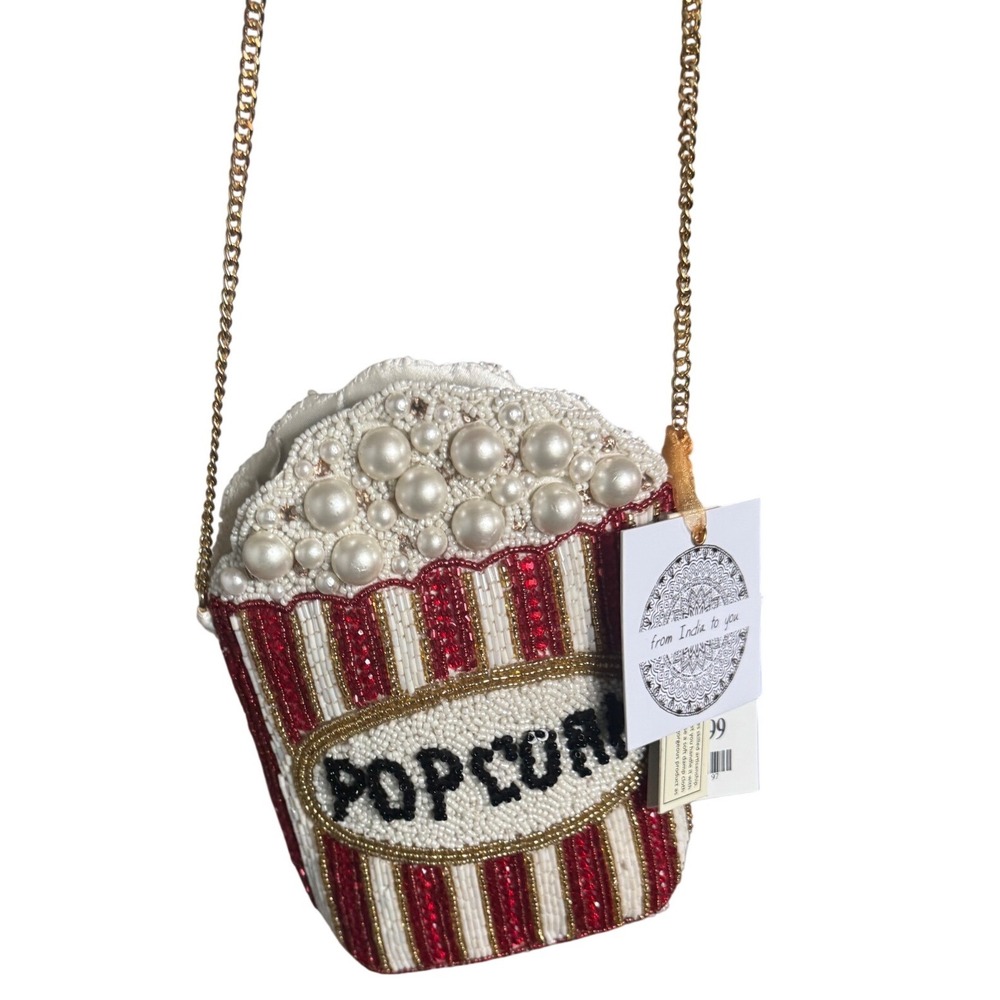 Pop Corn Bucket Beaded Crossbody Bag Gold Tone Chain NWT